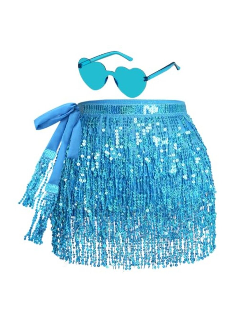 Sequin Belly Dance Hip Scarf Tassel Wrap Fringe Skirt with Heart Sunglasses